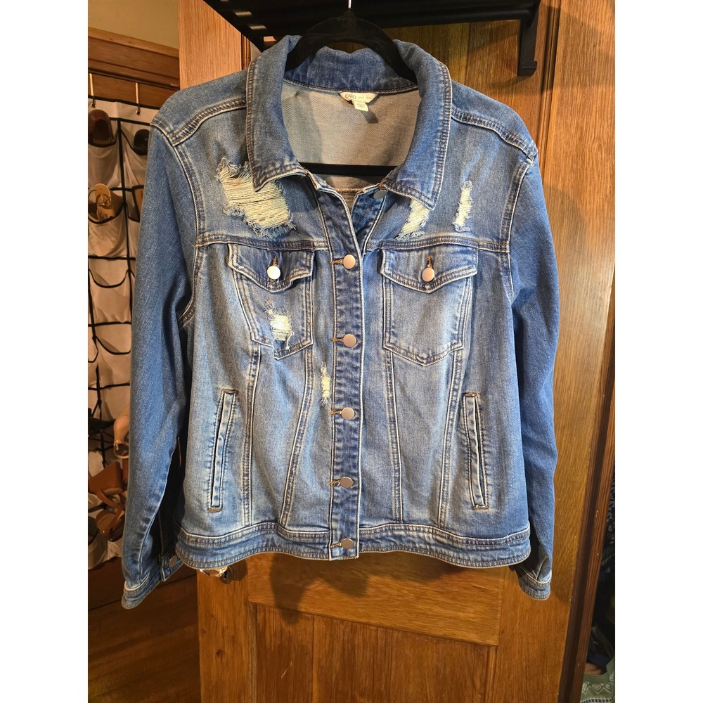 Cato Distressed Acid Wash Denim Jacket Blue Women Plus Size 18-20 2XL